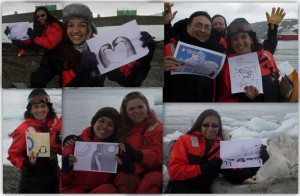 Pesquisadores com os Desenhos na Antartica